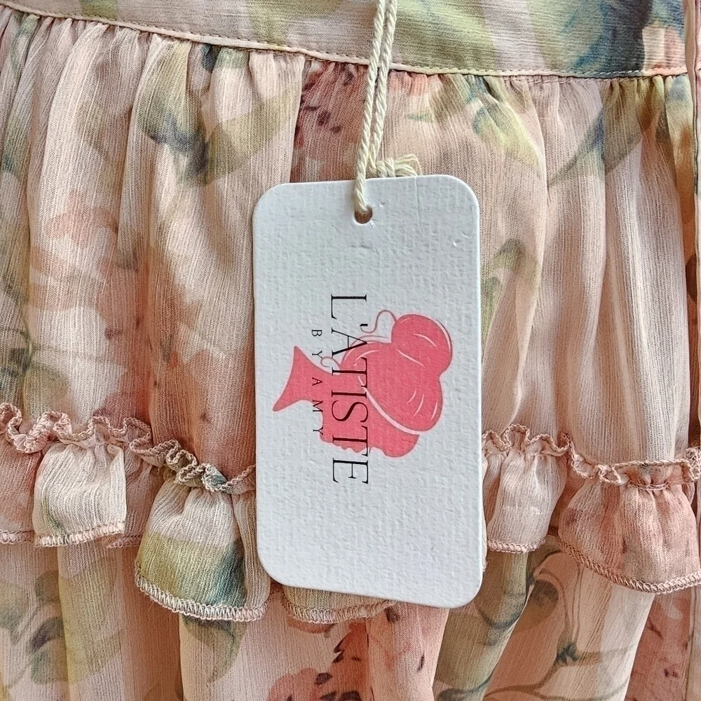 Ruffle Trim Lace-up back Floral Print Deep V-neck Waist Cutout, Size Medium - Picture 10 of 11